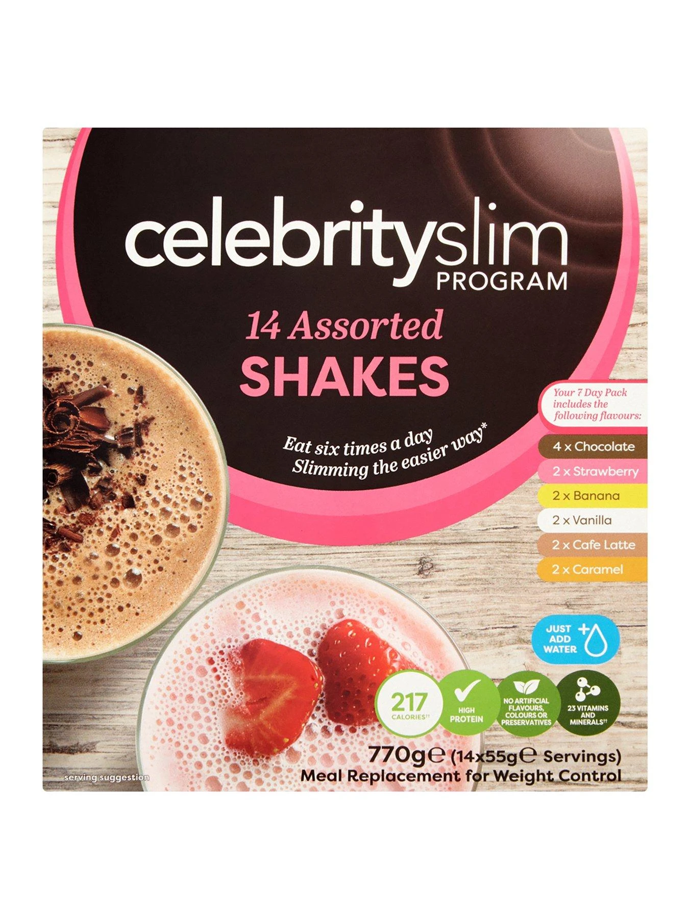 Celebrity Slim 7 Day Variety Shake Pack Total Weight 770 Grams (14 x 55 grams) 1 Celebrity Slim 7 Day Variety Shake Pack Total Weight 770 Grams (14 x 55 grams)