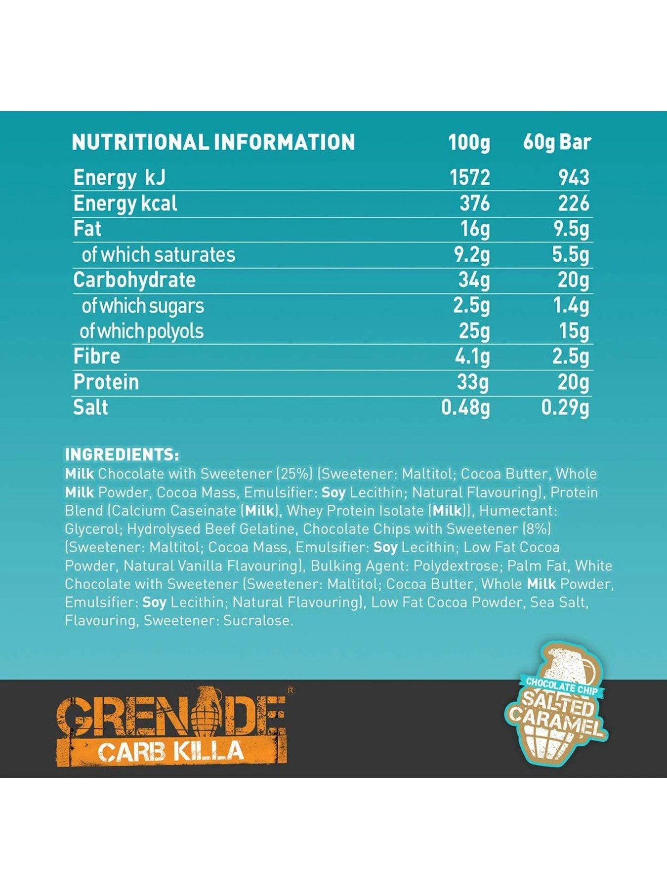 GRENADE Carb Killa Bars Chocolate Chip Salted Caramel (Box Of 12) 3 GRENADE Carb Killa Bars Chocolate Chip Salted Caramel (Box Of 12) - Image 3