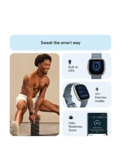 Fitbit Versa 4 Fitness Smartwatch - Built-in GPS, 6-day Battery Life, Android & IOS Compatible - Waterfall Blue/Platinum Aluminium -APPLE || PURE2IMPROVE || Sonik Sales Store V8WRK SQ3 0000000020 BLUE SLa