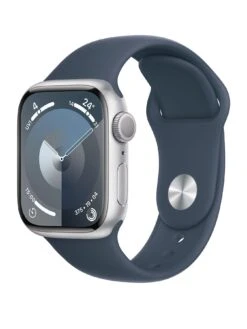 Apple Watch Series 9 (GPS), 41mm Silver Aluminium Case With Storm Blue Sport Band