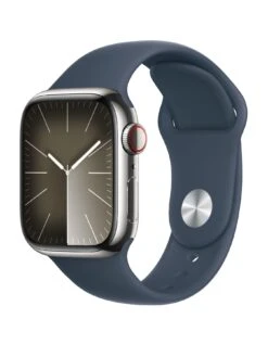 Apple Watch SeriesĀ 9 (GPS + Cellular), 41mm Silver Stainless Steel Case With Storm Blue Sport Band - S/M